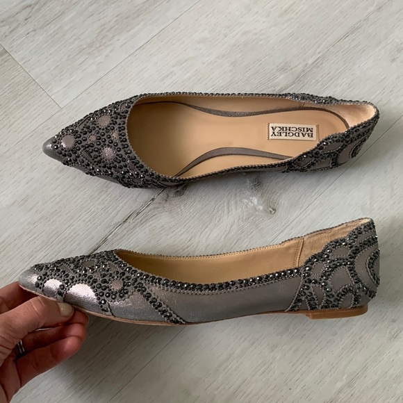 Badgley Mischka Gigi Pewter Flats Rhinestones Pointed Toe Wedding Size 10 - Picture 1 of 10